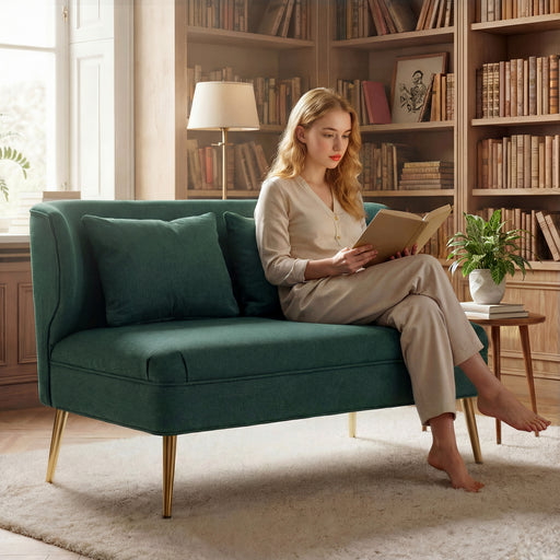 2 Seater Sofa, Dark Green Linen Look Sofa with Wing Back and Gold Metal Legs for Small Spaces