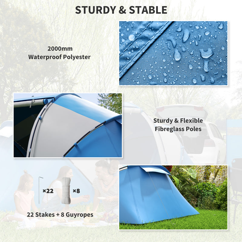 Outsunny 4 Man Camping Tent, UV Protection Tunnel Tent with 2 Bedrooms and Living Area, Large Hiking Sun Shelter, 430 x 240 x 170 cm, Blue and White