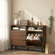 Shoe Storage Cabinet for Narrow Hallways with Flip Drawers and Open Shelves Rustic Brown AOSOM