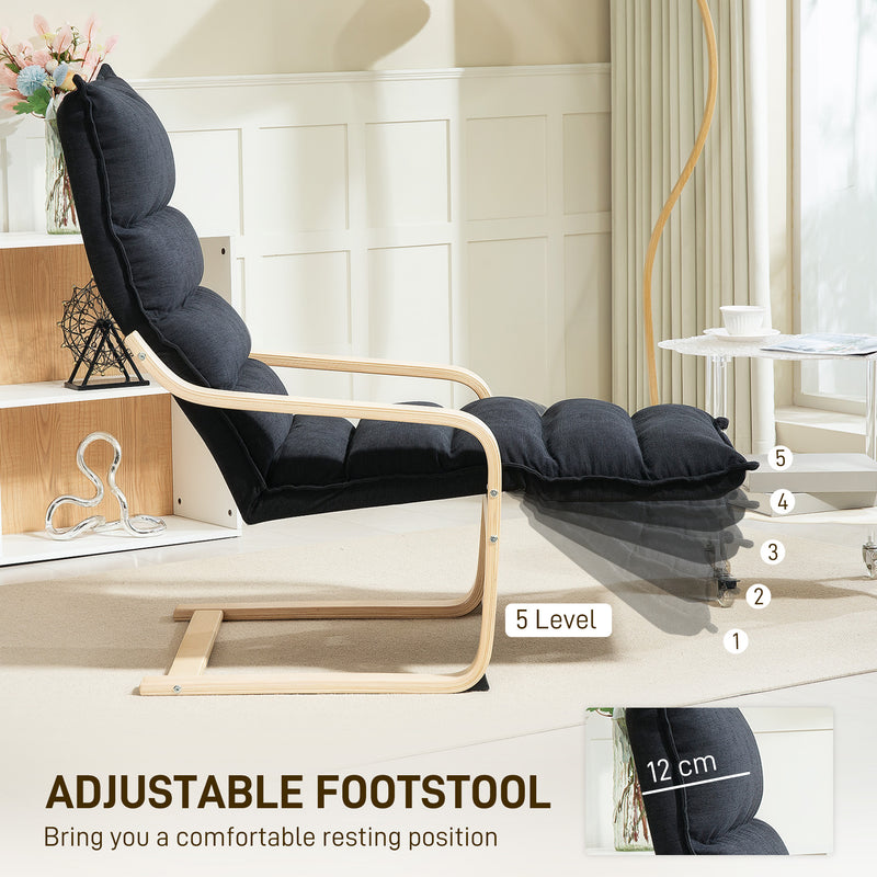 Black Curved Wooden Framed Accent Chair with Adjustable Footrest by HOMCOM