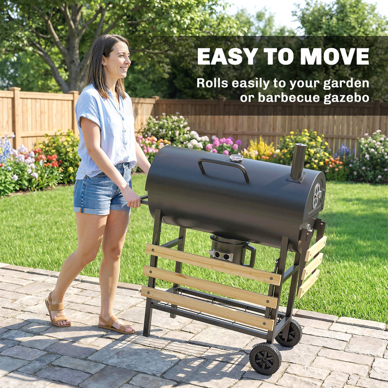 Barrel Charcoal BBQ Grill for Easy Outdoor Cooking with Large Cooking Area and Storage Black Outsunny