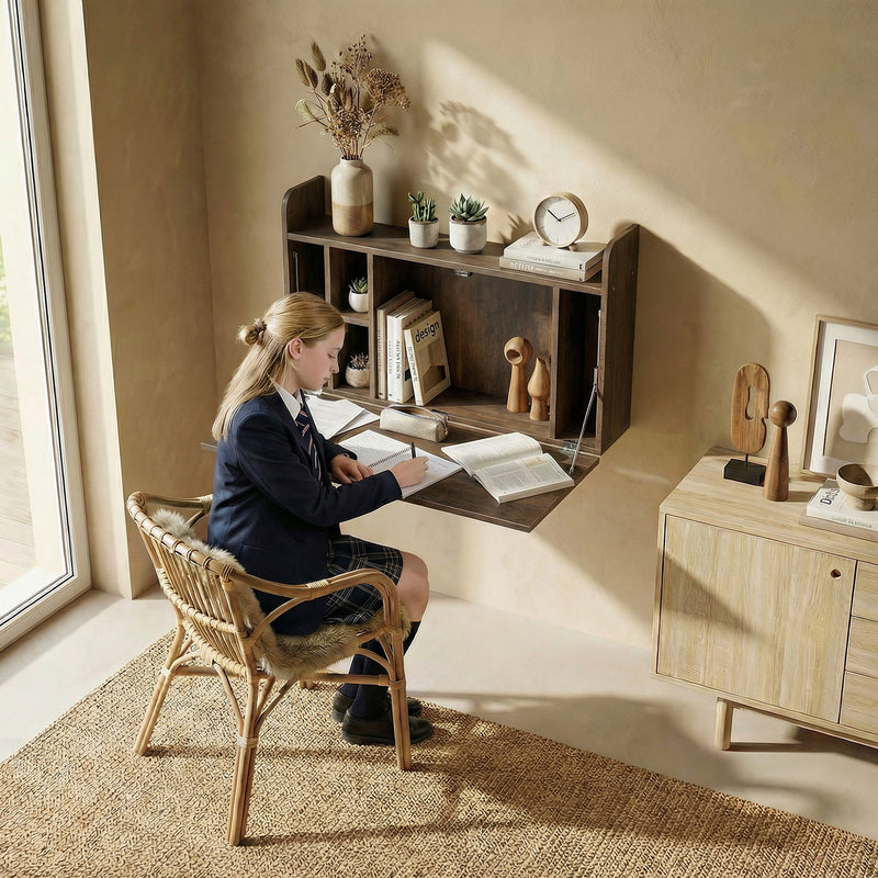 Wall Mounted Folding Desk with Shelves for Space Saving Home Office Dark Brown AOSOM