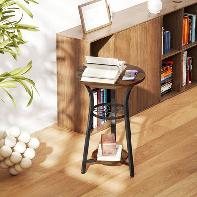 Rustic Brown Round Side Table with 3 Tier Storage Shelves for Living Room or Bedroom