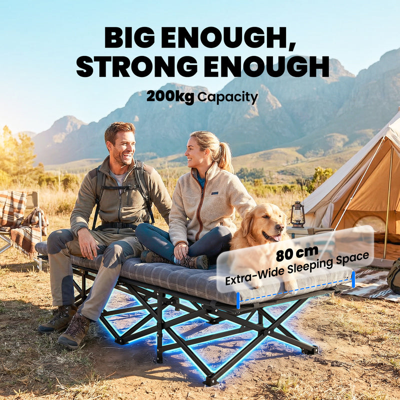 Folding Camping Bed with Extra Wide Surface and Padded Topper for Comfortable Sleep Grey