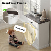 White Farmhouse Sideboard with Barn Doors and Thick Wooden Top for Kitchen Storage