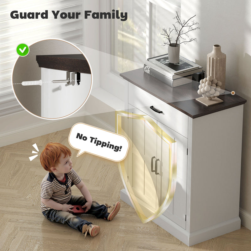 White Farmhouse Sideboard with Barn Doors and Thick Wooden Top for Kitchen Storage