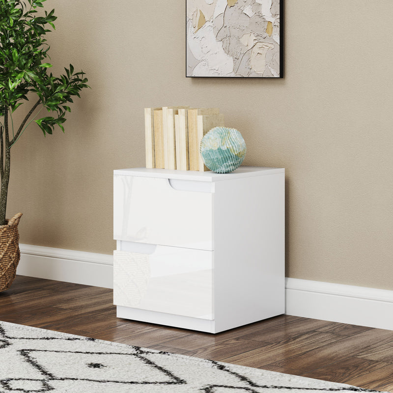 White High Gloss Bedside Table With 2 Drawers by HOMCOM