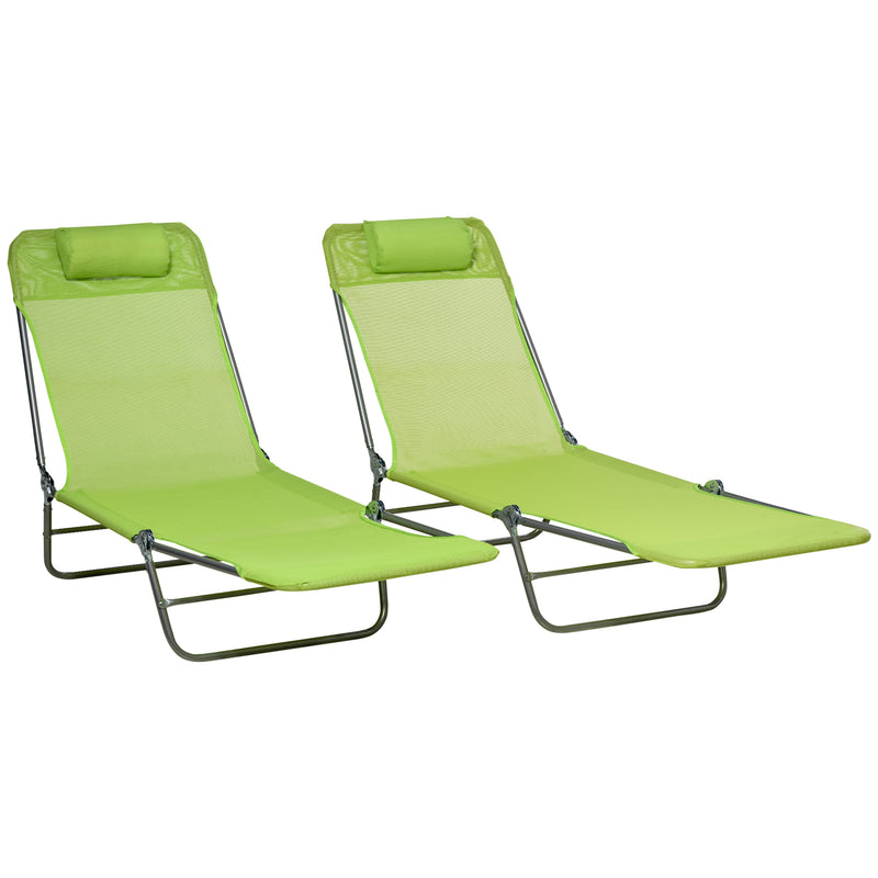Green Folding Sun Loungers Set of 2 with Reclining Backs and Pillows for Patio or Beach