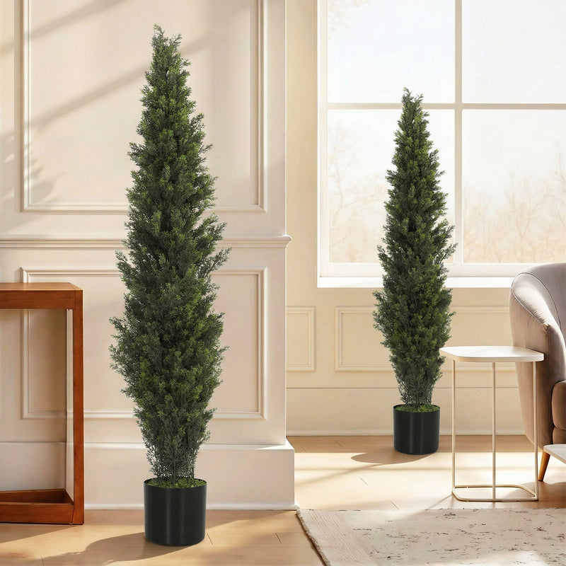 Artificial Cypress Trees Set of 2 for Tidy Low Maintenance Front Door Display Green Homcom