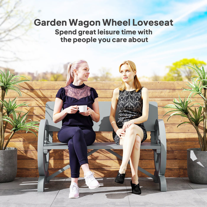 Grey 2 Seater Wooden Garden Bench with Wagon Wheel Design by Outsunny