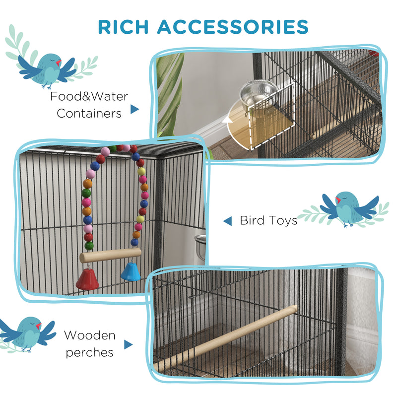Bird Cage With Rolling Stand For Budgies And Small Birds Easy Access Design, Grey