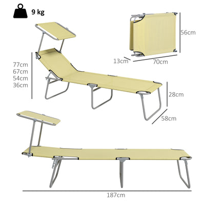 Set of 2 Beige Foldable Sun Loungers with Adjustable Backrest and Canopy for Garden or Beach Outsunny