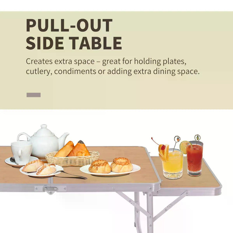 Folding Camping Table with Adjustable Height and Pull Out Side Table for Outdoor Dining Bamboo