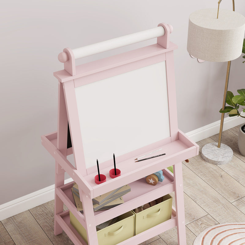 3 in 1 Kids Easel with Magnetic Whiteboard Chalkboard Paper Roll and Storage Baskets, Pink