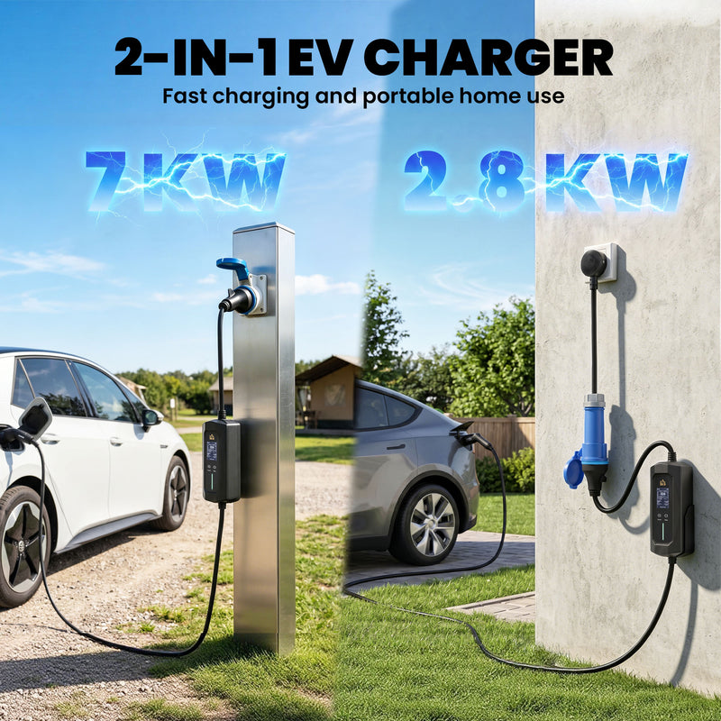 Portable Type 2 EV Charger for Easy Home Car Charging with 10m Cable Black