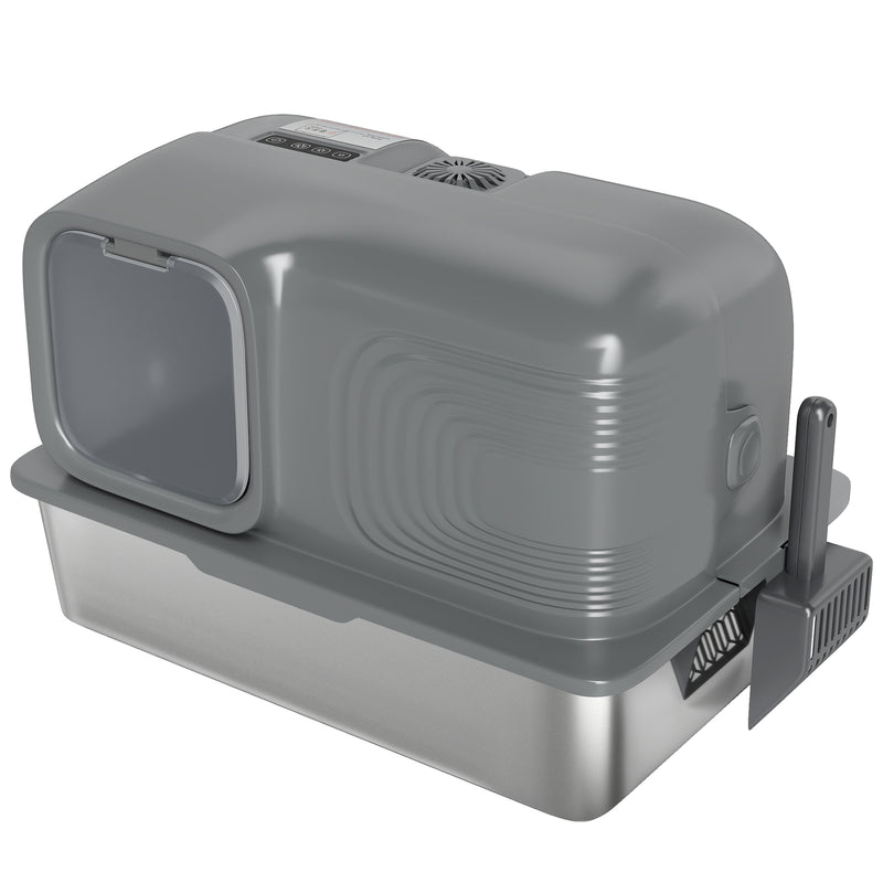 Extra Large Stainless Steel Cat Litter Tray with Odour Control and High Sides, Silver