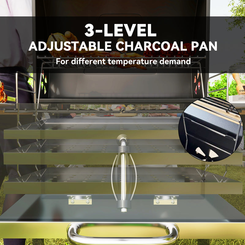 Charcoal BBQ Grill with Adjustable Charcoal Pan Warming Rack Shelves and Wheels by Outsunny