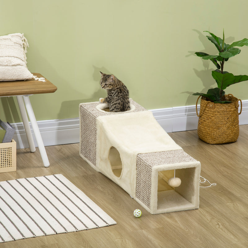Cat Play Tunnel with Sisal Scratch Sections for Indoor Cats to Protect Furniture Brown Beige