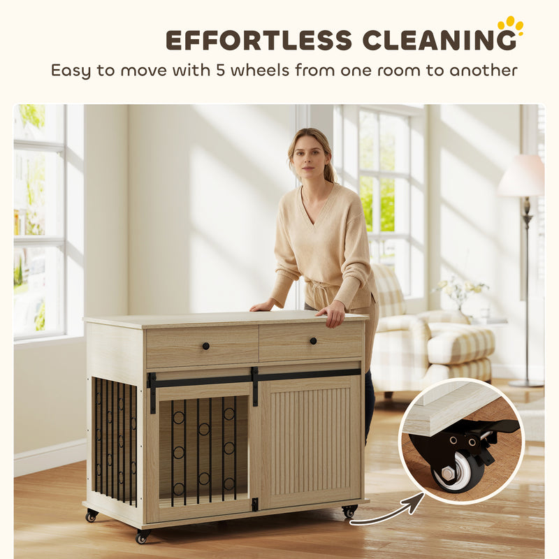Dog Crate Furniture With Sliding Door and Storage Drawers on Wheels for Medium Large Dogs Oak