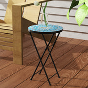 Blue Round Mosaic Garden Side Table 35.5cm Folding Metal Frame for Balcony or Patio