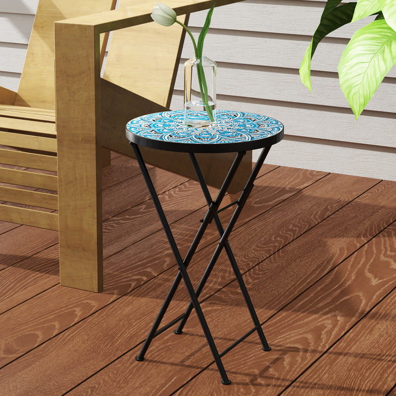 Blue Round Mosaic Garden Side Table 35.5cm Folding Metal Frame for Balcony or Patio