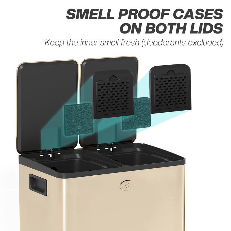 40L Dual Compartment Stainless Steel Recycling Bin with Deodorisers Gold Tone by Homcom