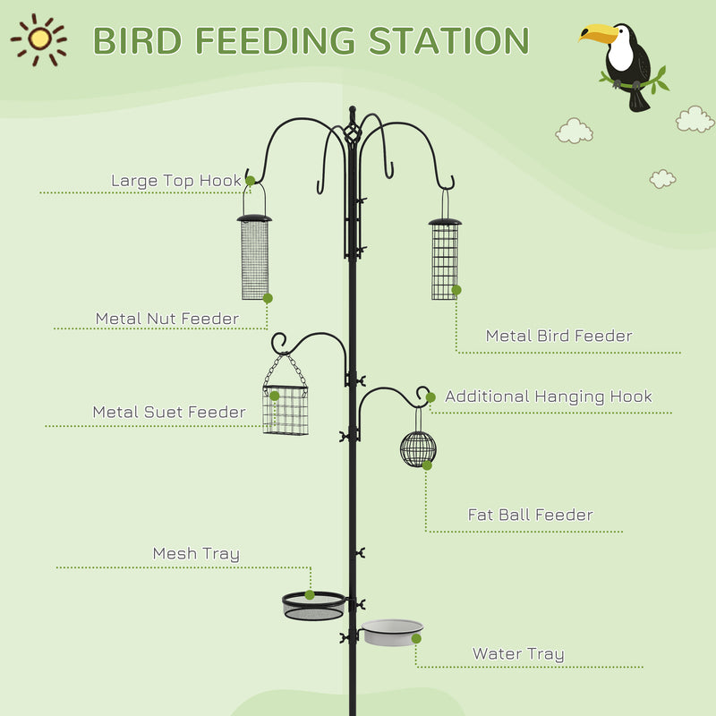 Wild Bird Feeding Station with 6 Hooks and 4 Feeders for Garden Outdoor Use, Black