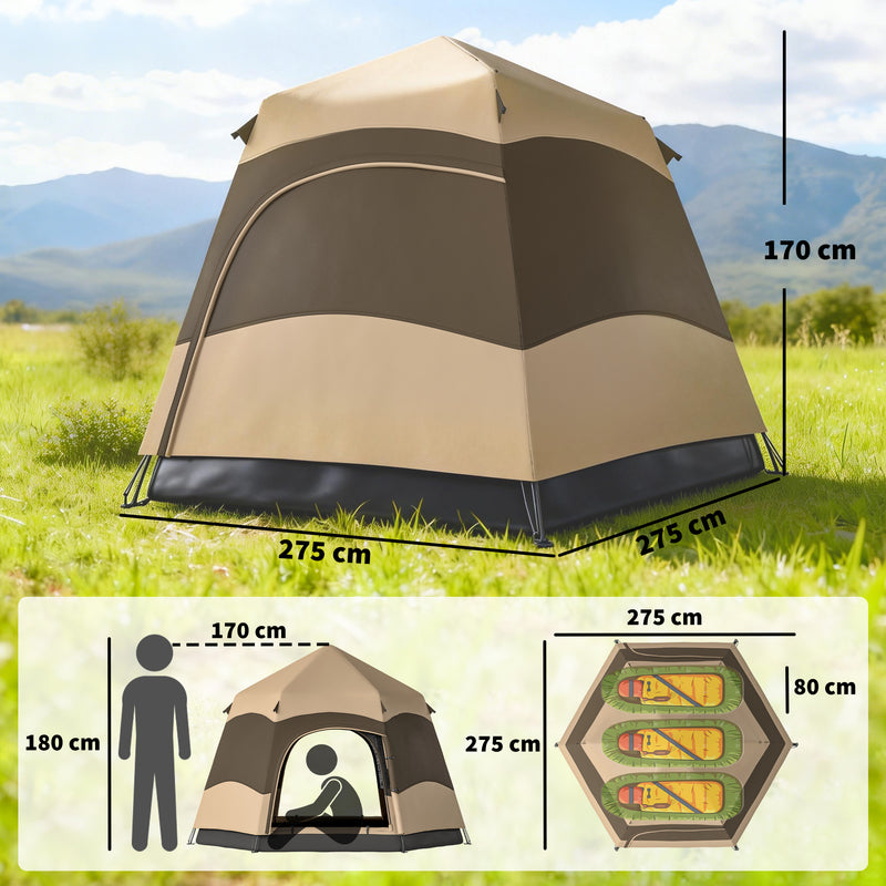 Pop Up 4 Person Tent for Quick Group Camping Shelter with Mesh Windows Brown and Khaki