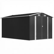 Dark grey 8x12ft metal garden shed with apex roof and double doors, studio shot