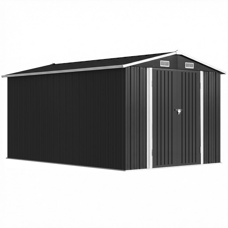 Dark grey 8x12ft metal garden shed with apex roof and double doors, studio shot