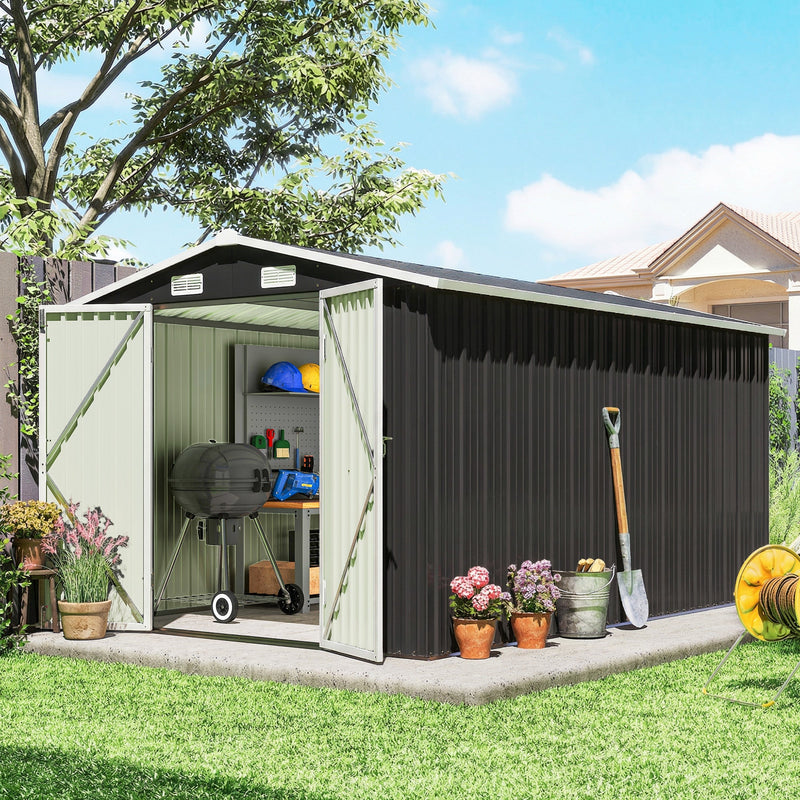 Dark grey metal shed in a garden with both doors open showing a BBQ and tools inside