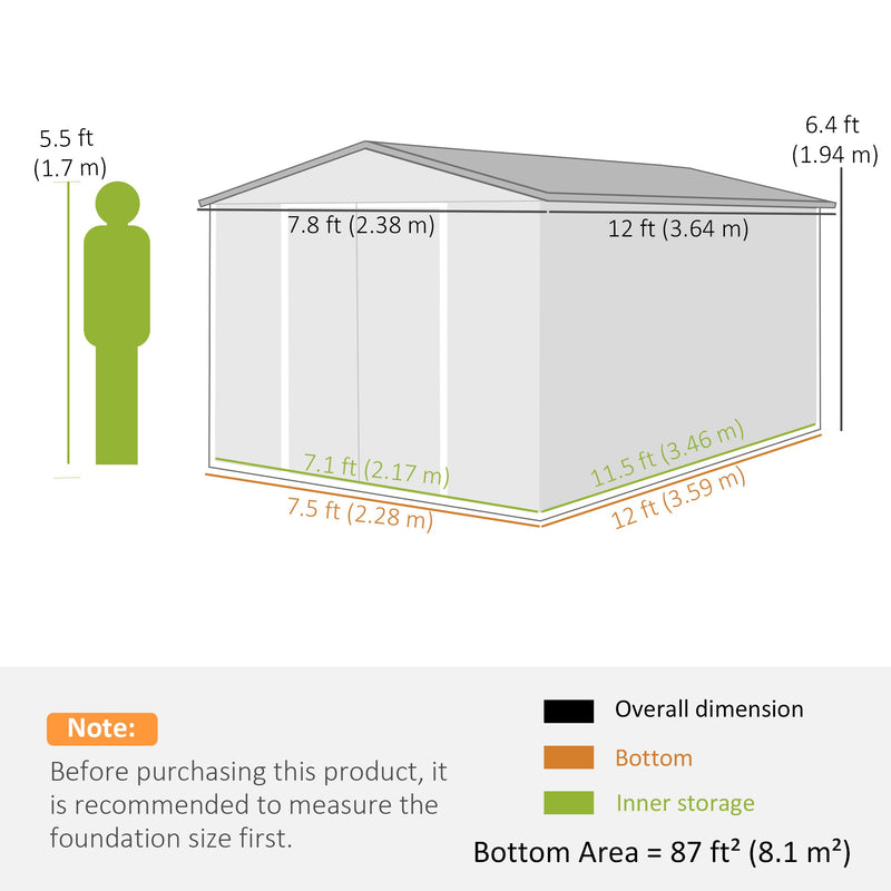 Shed dimensions diagram, 238 x 364 x 194 cm overall, 228 x 359 cm base, 217 x 346 cm inner floor