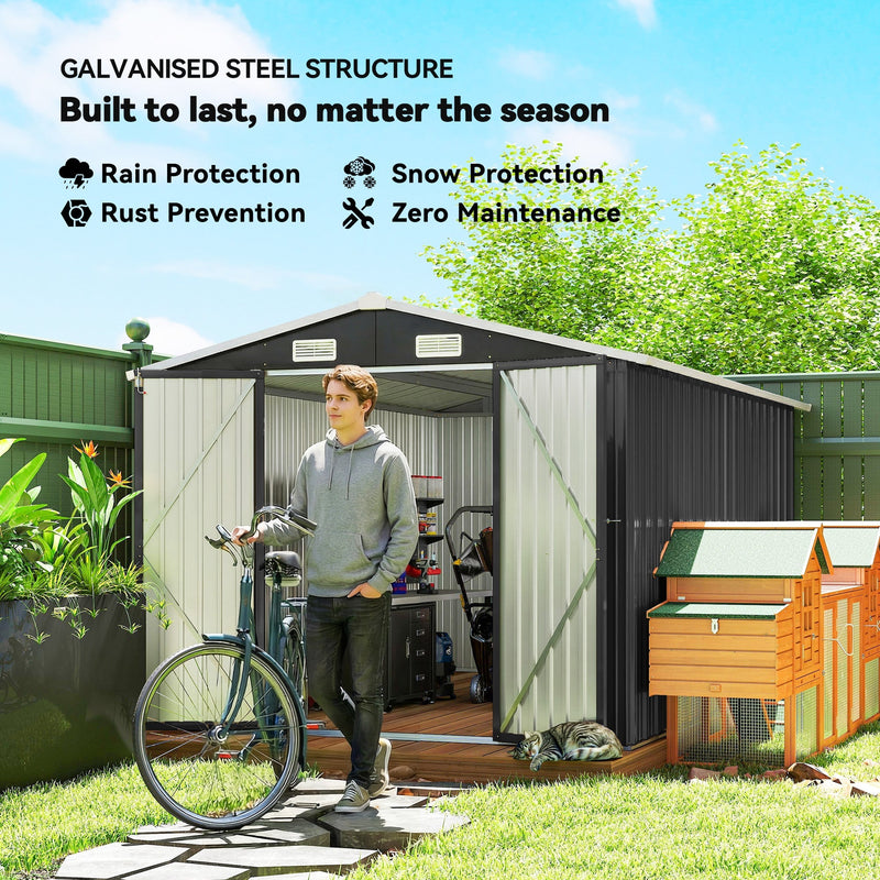 Galvanised steel garden shed with a man and bicycle at the open double doors