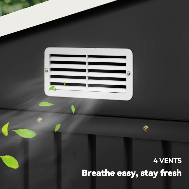 Close-up of a white shed vent, one of 4 for airflow
