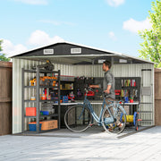Cutaway view inside the shed with shelving, a workbench and a bicycle