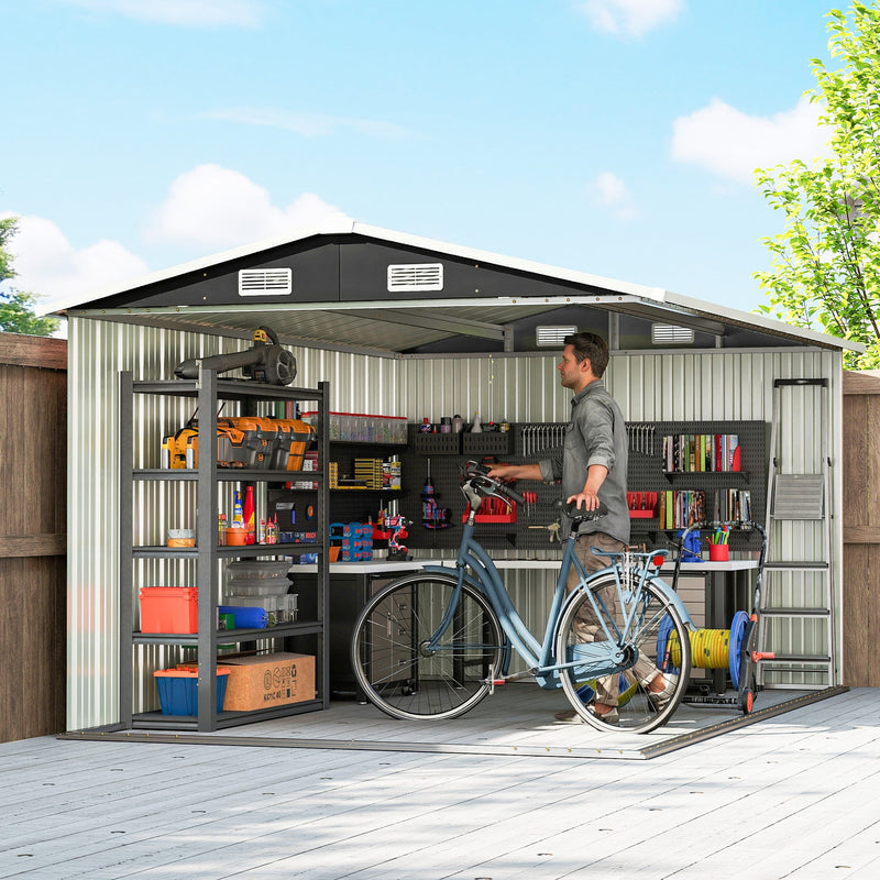 Cutaway view inside the shed with shelving, a workbench and a bicycle