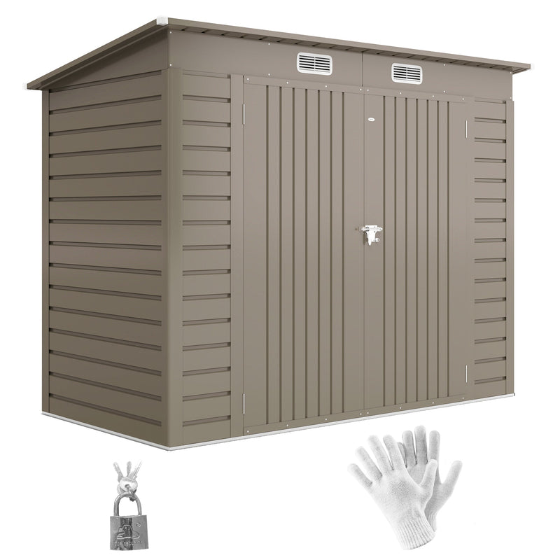 Light grey 8x4ft metal pent shed with double doors and two front vents, studio view