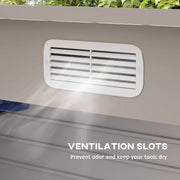 Close-up of a ventilation slot in the shed front panel that keeps air moving inside