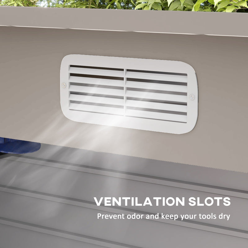Close-up of a ventilation slot in the shed front panel that keeps air moving inside