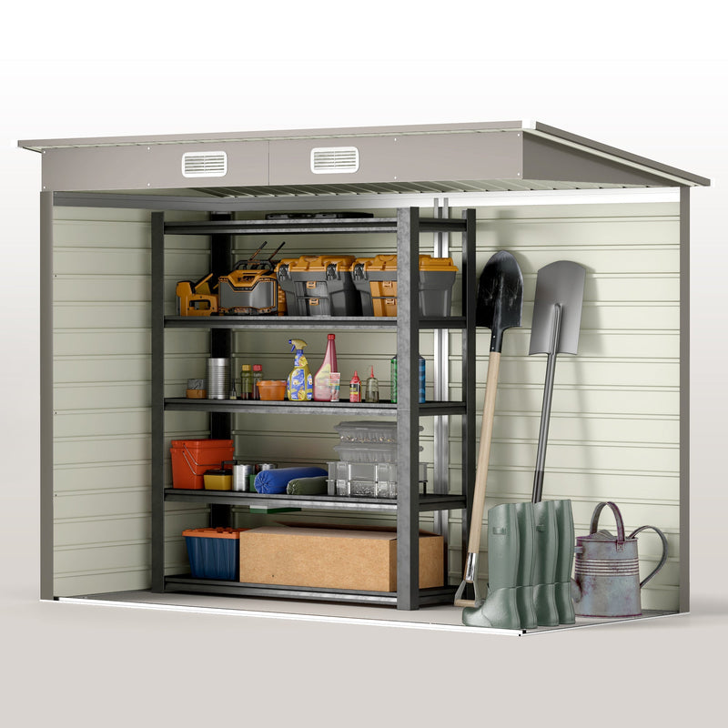 Cutaway view of the shed interior filled with racking, spades, boots and a watering can