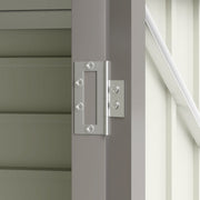 Close-up of a metal door hinge fixed to the shed door frame