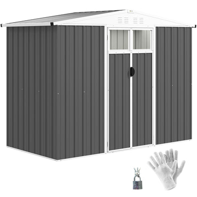 Dark grey 8x4ft Outsunny metal garden shed with apex roof, two windows and closed double doors