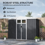 Dark grey shed standing in heavy rain, captioned waterproof, rust resistant and UV protected