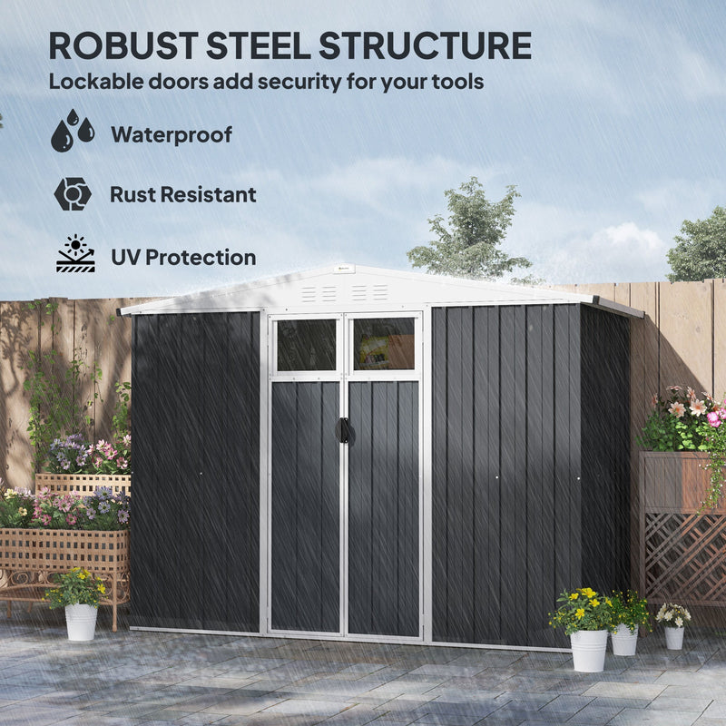 Dark grey shed standing in heavy rain, captioned waterproof, rust resistant and UV protected