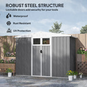 Light grey shed standing in heavy rain, captioned waterproof, rust resistant and UV protected