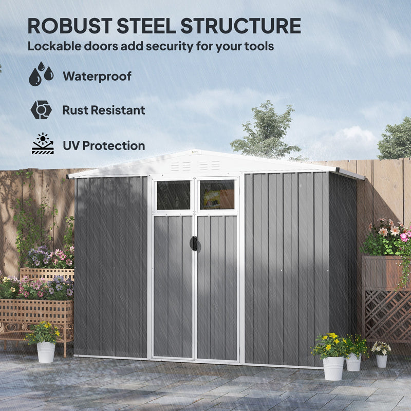 Light grey shed standing in heavy rain, captioned waterproof, rust resistant and UV protected