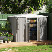 Light grey shed on decking with the doors open showing crates and boxes stacked inside
