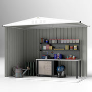 Cutaway view of the shed interior staged with a workbench, pegboard and wall shelving