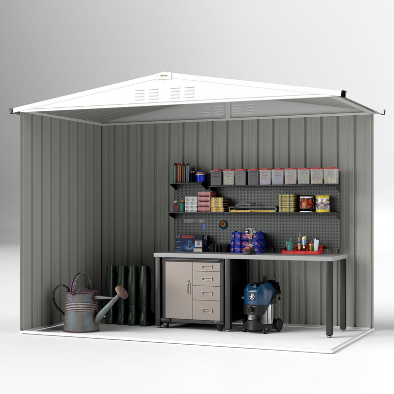 Cutaway view of the shed interior staged with a workbench, pegboard and wall shelving