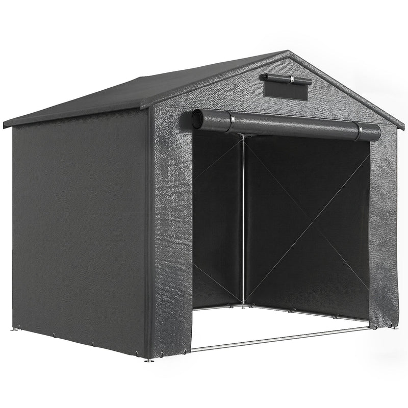 Dark grey 8x6ft portable garden storage shed with roll-up zip door on a white background